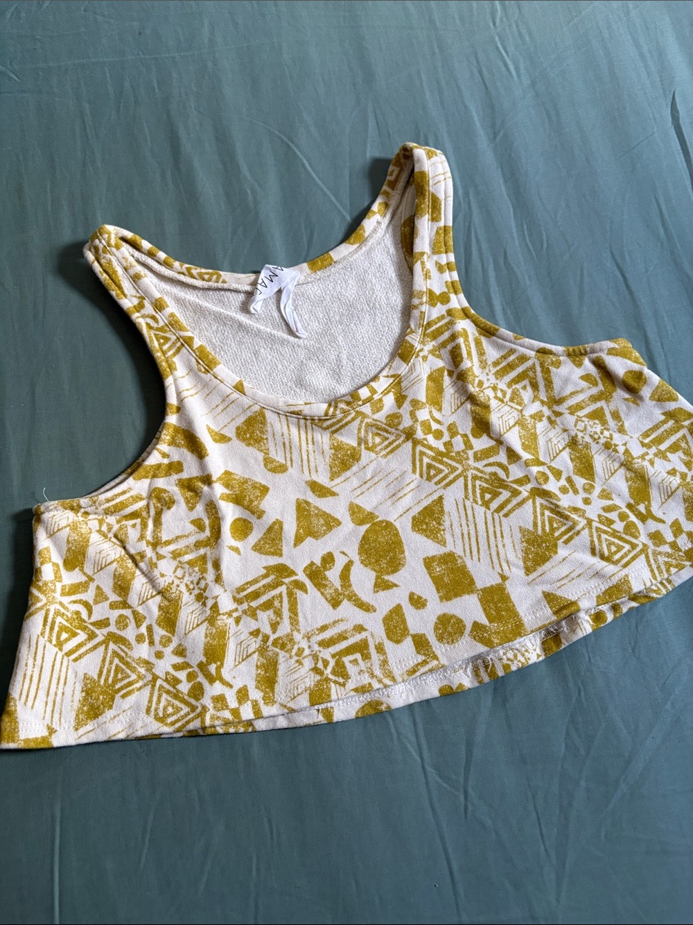 Geo Print Cropped Tank Top in White & Mustard by amadi